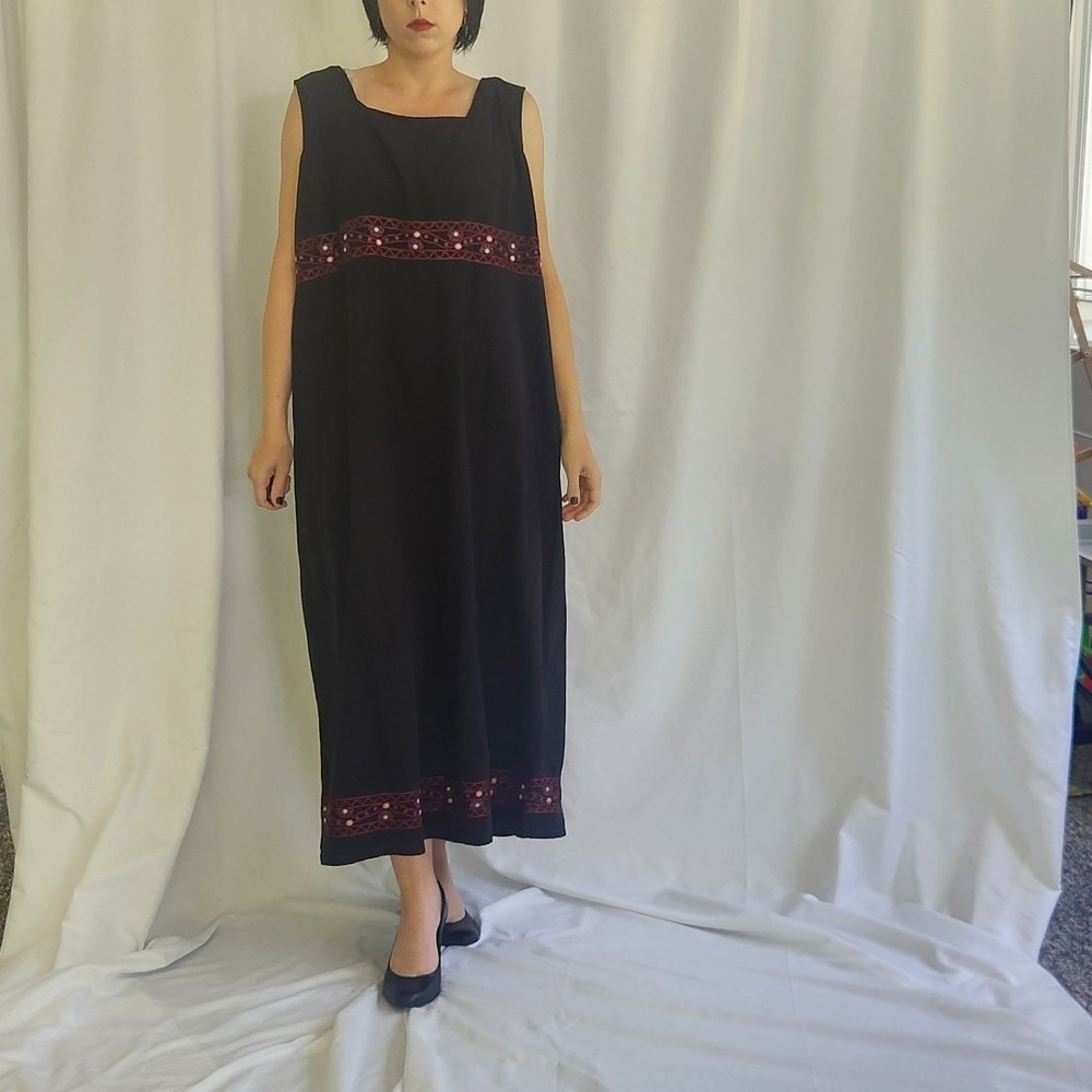 90s/00s Black and Red Linen and‎ Rayon Maxi Dress